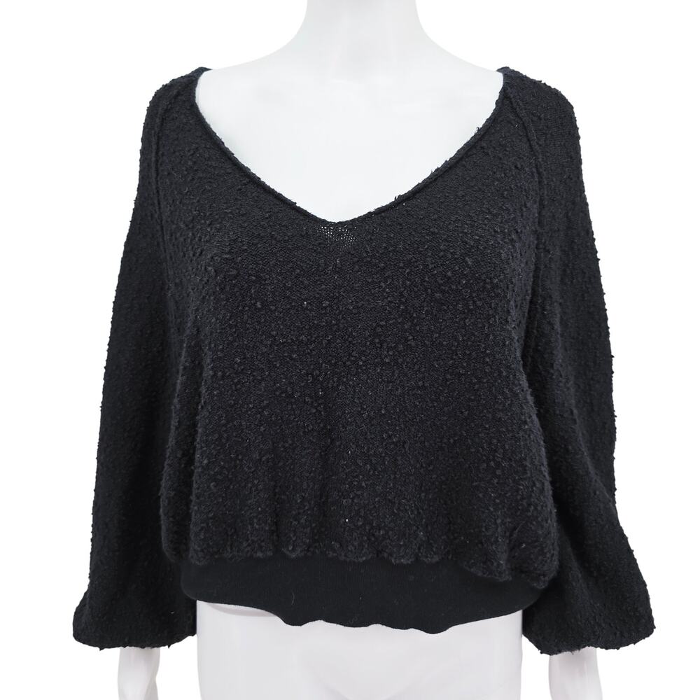Free People Boho Terry V-Neck Round Seam Sweater Black S